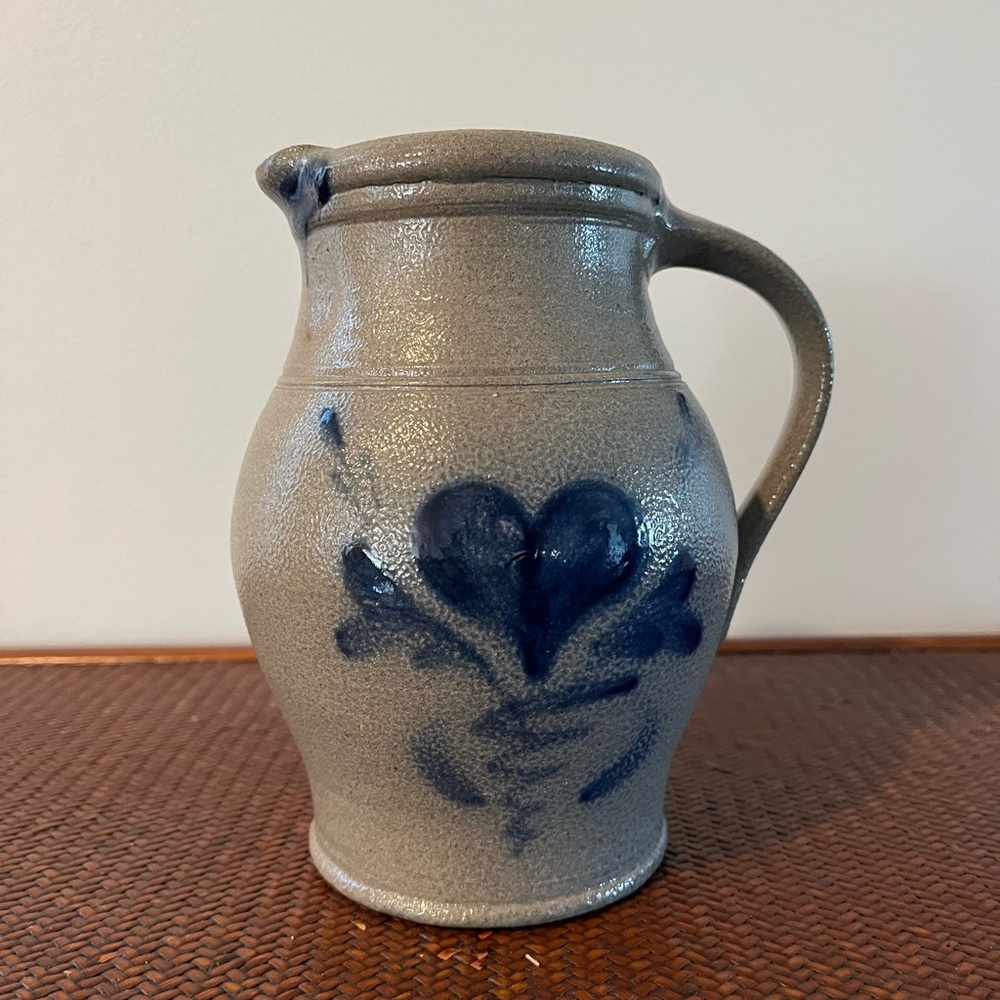 Vintage Salt Glazed Pitcher Rowe Pottery Works 1999 Blue Heart